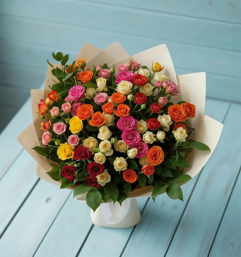 Букет Микс из разноцветных кустовых роз в Никольске