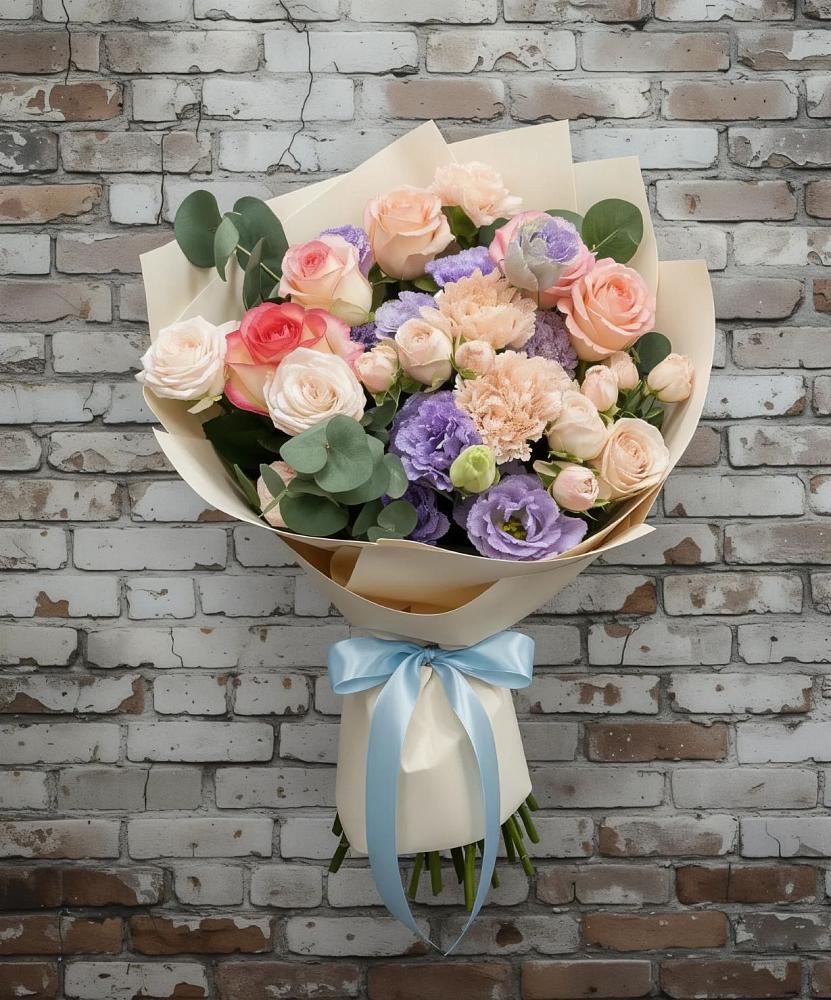 Букет цветов из: Розы, Лизиантусы и Гвоздики в Никольске