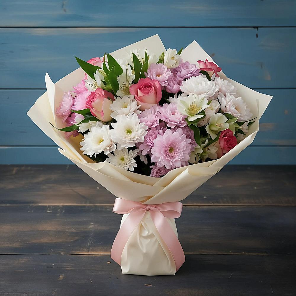 Букет цветов из: Хризантемы, Альстромерии и Розы в Никольске